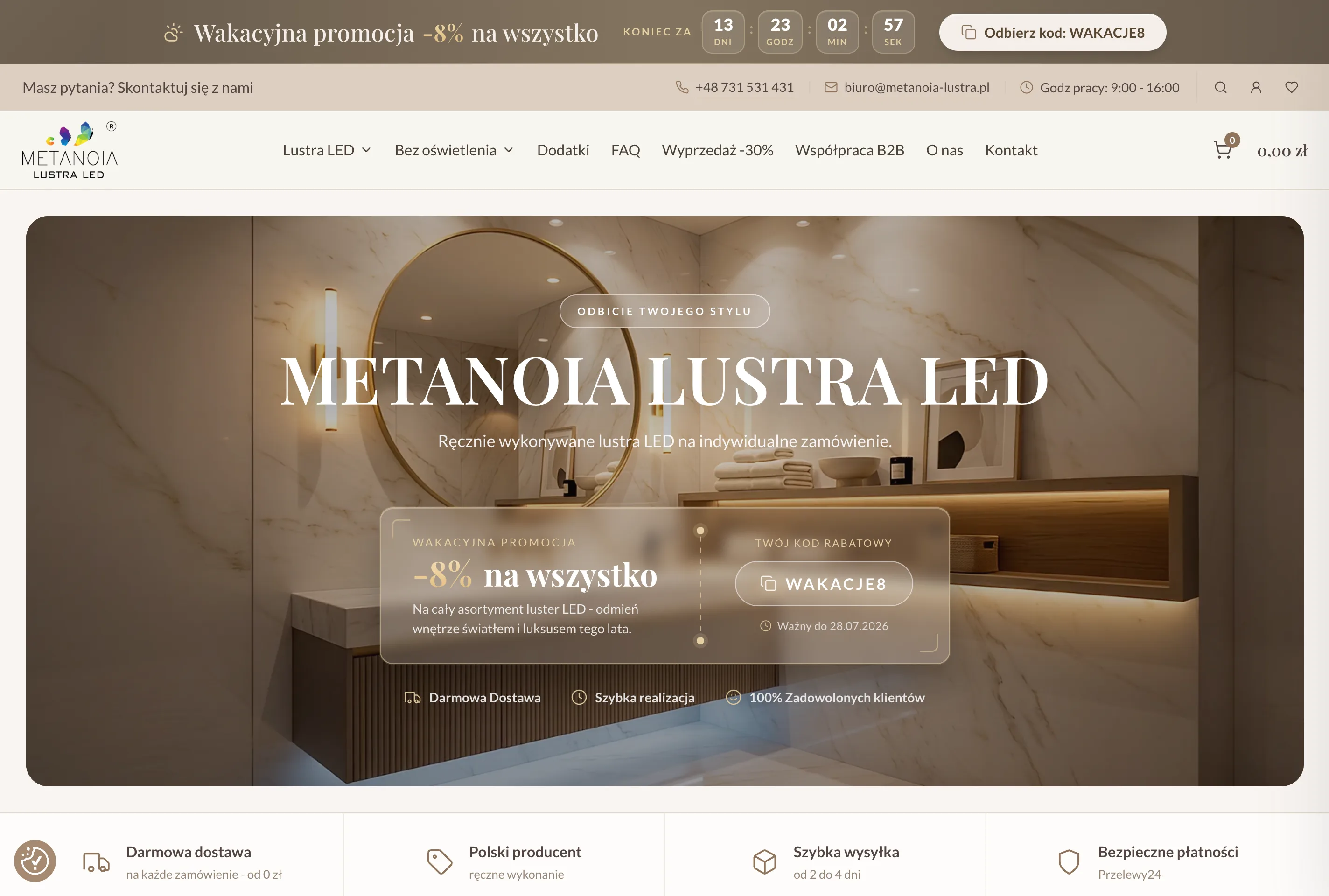Realizacja Metanoia Lustra LED - sklep WooCommerce z dedykowanym motywem