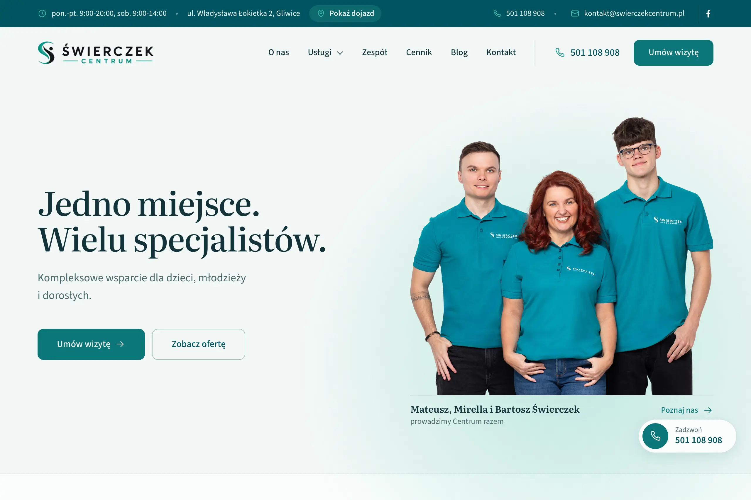 Realizacja Świerczek Centrum - dedykowany motyw WordPress z rezerwacjami online dla centrum zdrowia w Gliwicach